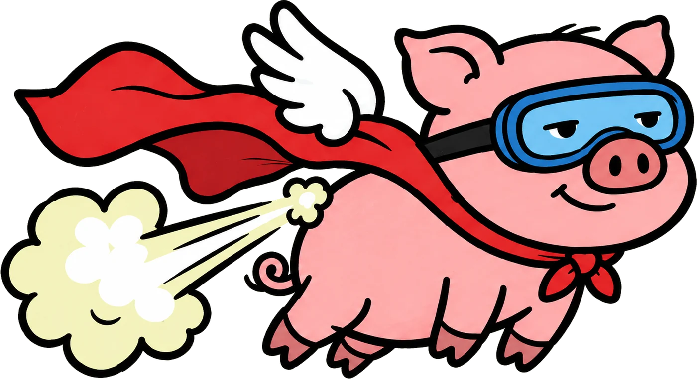 The JetPiggy flying pig: goggles, red scarf, pushed to the right by a jet cloud